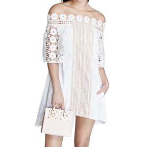 Self-portrait white embroidered lace sheer off the shoulder dress mini like new